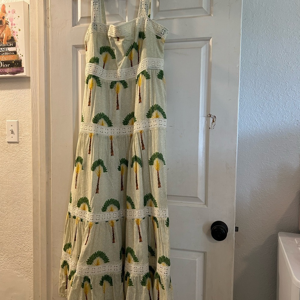 Calypso St. Barth Cream Maxi Dress with Green and Yellow Palm Print - Picture 1 of 4